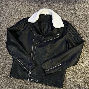 Men's Black Leather Jacket with White Collar
